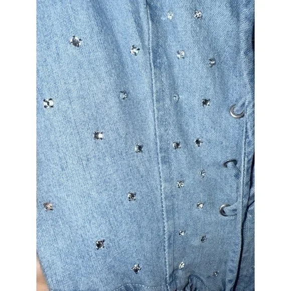 Vintage Denim Tank Dress 6 Rhinestone Fit Flare Old Western 80’s Tie Front P - Picture 3 of 14